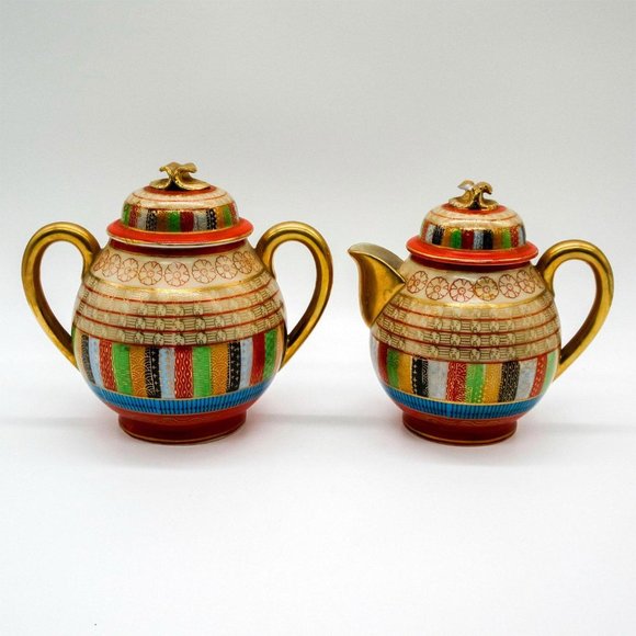 Rare- Made in Occupied Japan, 1000 Faces Design, Lidded Sugar & Creamer Bowl Set - Picture 2 of 10